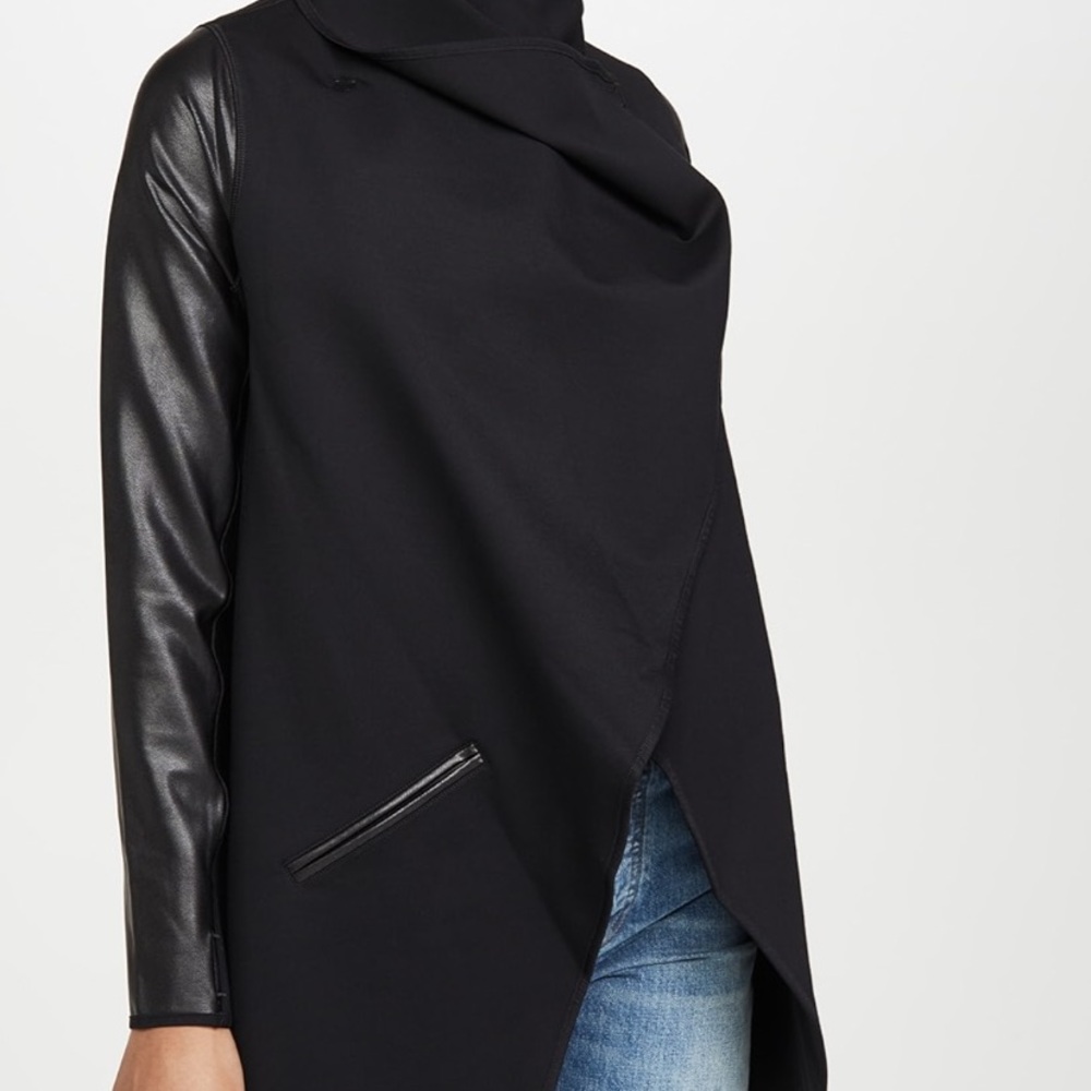 Women's Black Asymmetrical Jacket with Faux Leather Sleeves